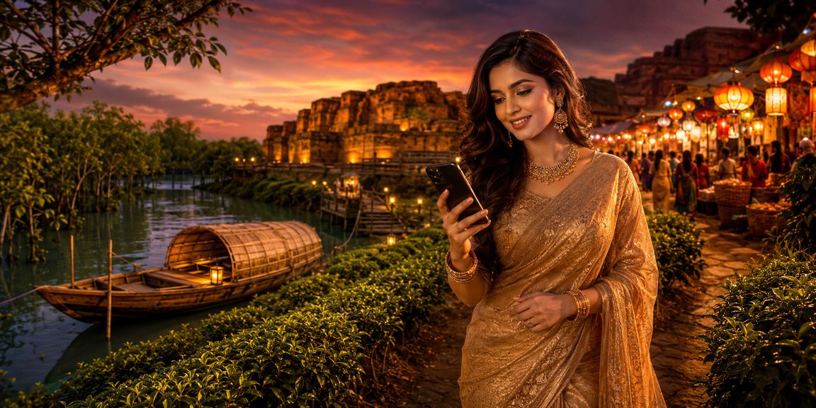 সুন্দরবনের পটভূমিতে মোবাইলে gb999 বেটিং ব্যবহার করছেন একজন ব্যবহারকারী